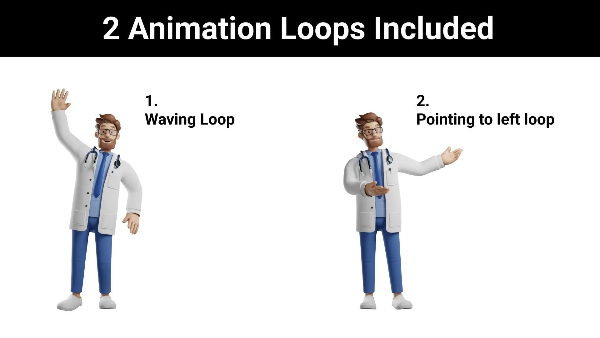 Doctor Cartoon Male Character loop animations - waving and pointing left